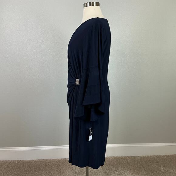 Long Sleeve Beaded Sheath Cocktail Dress Blue Size 18W R&M Richards V-Neck - Picture 3 of 11